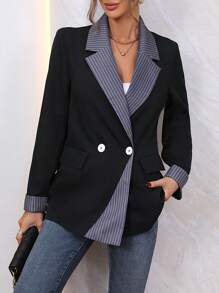 SHEIN Privé Striped Print Double Button Blazer - Black - View 5