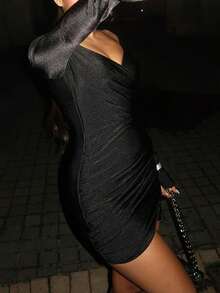 Surplice Neck Ruched Wrap Hem Bodycon Dress - Black - View 5