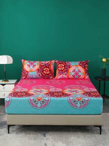 3pcs Fitted Sheet Set Polyester Brushed Classic Folk Print Elements, 1 Fitted Sheet And 2 Pillowcases - Red - View 6