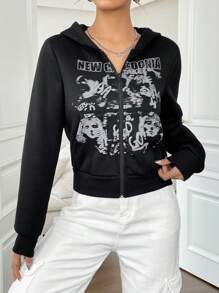 SHEIN Unity Đồ họa chữ và số Dây kéo Áo hoodie ngắn - màu đen - Xem 1