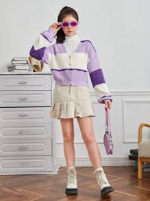 Thiếu niên cô gái Khối màu Thả vai Áo len Mở - Màu tím hoa cà - Xem 4