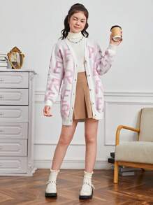 青少年女孩字母圖案落肩袖開襟衫 - 白色 - 查看 3