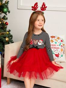 SHEIN Young Girl Knitted Striped Christmas Pattern Patchwork Woven Mesh Dress - Mommy And Me Matching Outfits, 2 Pieces Sold Separately - Multicolor - View 2