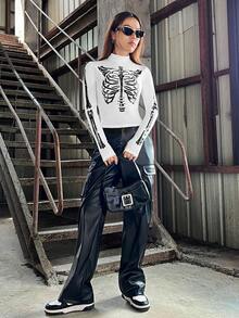 SHEIN EZwear In Bộ xương Cổ giả Áo thun - trắng - Xem 3