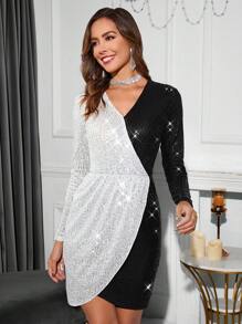 SHEIN Clasi Của phụ nữ Khối màu Kim sa Đầm , Thắt lưng Không bao gồm - Đen và trắng - Xem 5