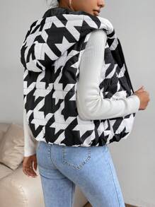 Chiquease Houndstooth Print Hooded Vest Padded Padded Coat Clothes Winter - Black and White - View 2