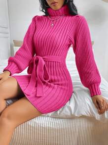 EURMUSE Turtleneck Lantern Sleeve Ribbed Knit Belted Sweater Dress - Hot Pink - View 5