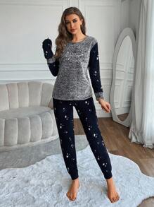 SHEIN Cottnline Space Dye Tee & Pants PJ Set - Multicolor - View 3