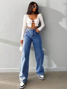 Zipper Fly Wide Leg Jeans - Blue - View 5