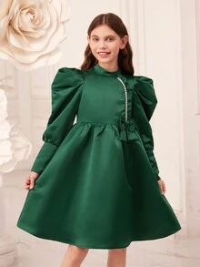 SHEIN Tween Girl Mock Neck Gigot Sleeve Pearls Detail Dress - Green - View 5