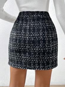 SHEIN Privé Cao eo Hoa văn kẻ sọc Tweed Váy - màu đen - Xem 2
