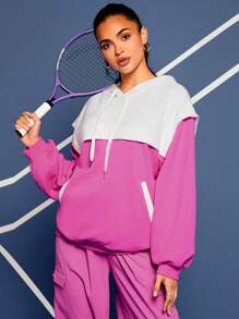 VARSITIE Two Tone Drop Shoulder Drawstring Hoodie - Pink - View 5