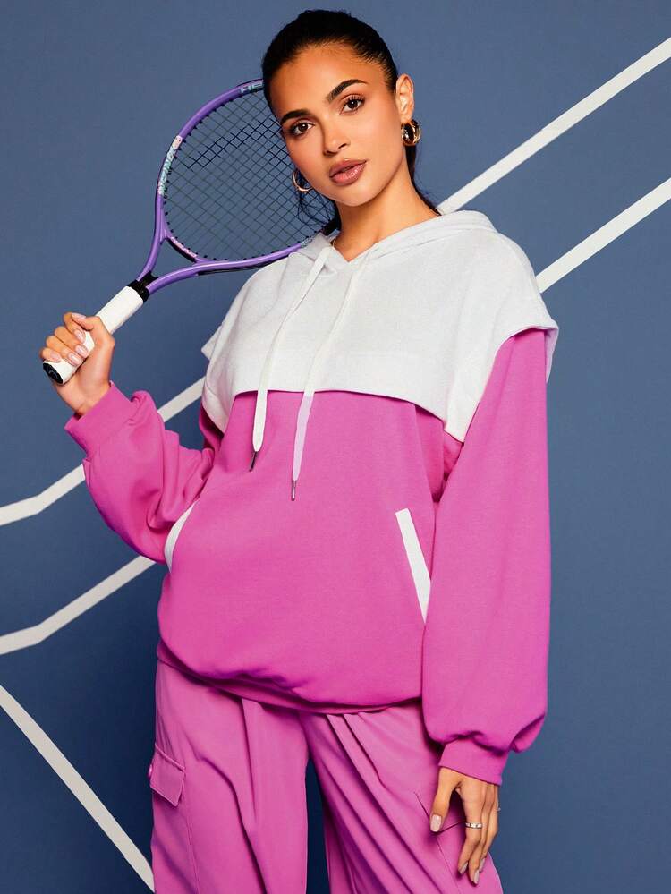Two Tone Drop Shoulder Drawstring Hoodie