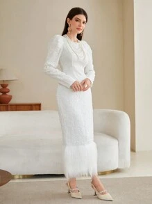 Modelyn Fuzzy Hem Puff Sleeve Jacquard Dress - White - View 5