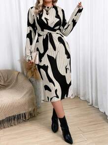 Flirla Große Größe Kleid mit Gürtel, All Over Print