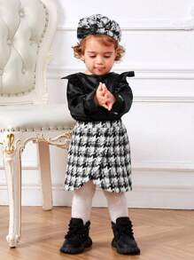 SHEIN Baby Girl Ruffle Trim Top & Houndstooth Print Skirt & Hat - Black - View 3