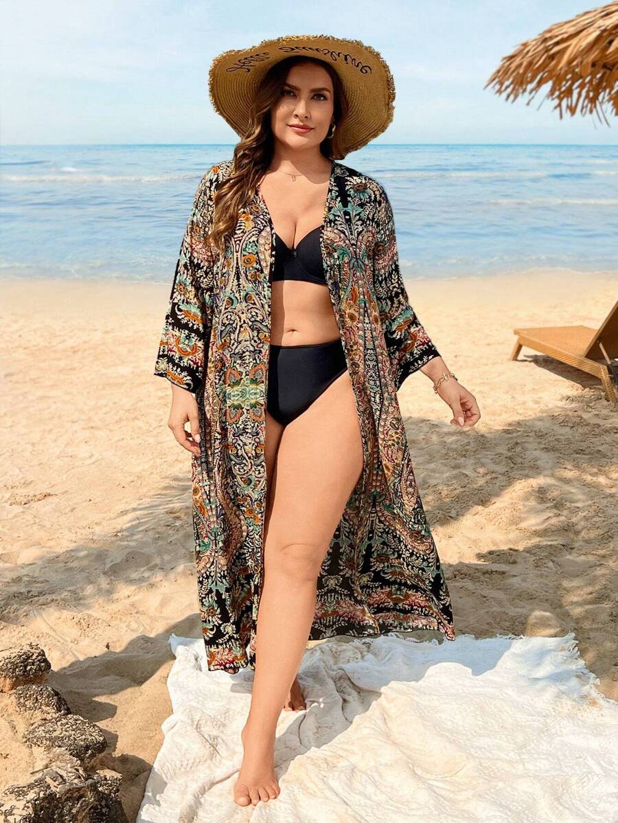 Swim Lushoire Summer Beach Plus Paisley Print Drop Shoulder Kimono - Multicolor - View 1