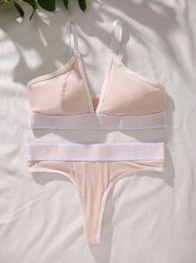 Yoga Letter Graphic Contrast Binding Bra & Panty Set - Apricot - View 6