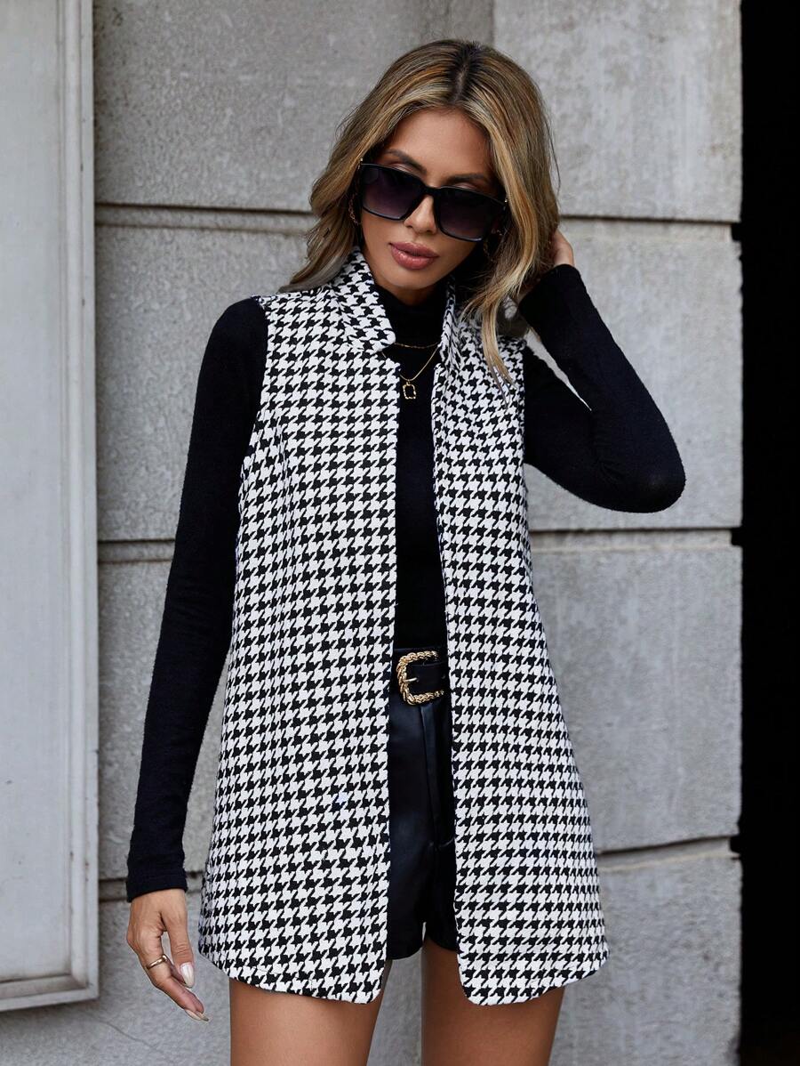 SHEIN Unity Houndstooth Print Sleeveless Overcoat - Black and White - View 1