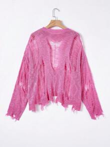SHEIN ICON Open Stitch Drop Shoulder Sweater Without Bra - Pink - View 2