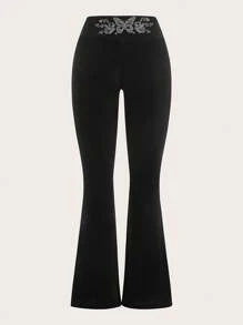 SHEIN EZwear 黑色水钻蝴蝶图案喇叭裤 - 黑色 - 查看 1