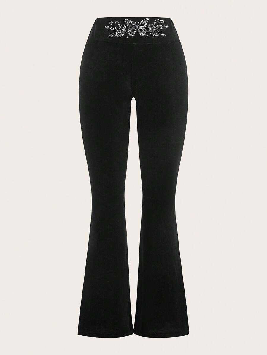 SHEIN EZwear 黑色水钻蝴蝶图案喇叭裤 - 黑色 - 查看 1
