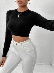 SHEIN LUNE 纯色插肩袖短款针织套头衫，适合秋冬季穿着 - 黑色 - 查看 5