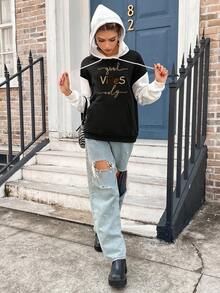 SHEIN Unity Đồ họa Chữ cái Túi kangaroo Thả vai Dây rút Hoodie - màu đen - Xem 6