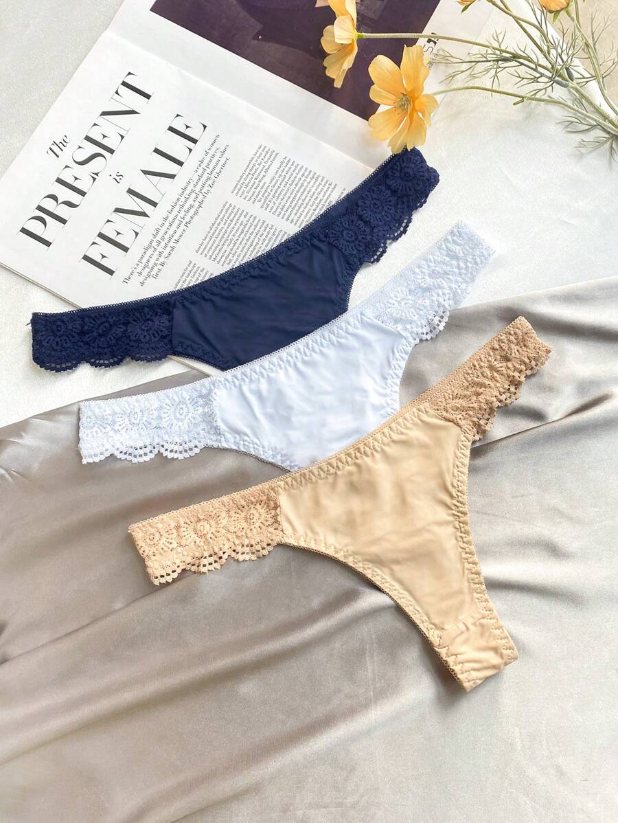 3pack Contrast Lace Thong Set - Multicolor - View 1