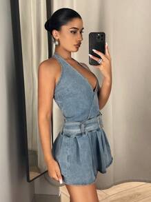 SHEIN ICON Halter Neck Backless Denim Dress - Light Wash - View 5
