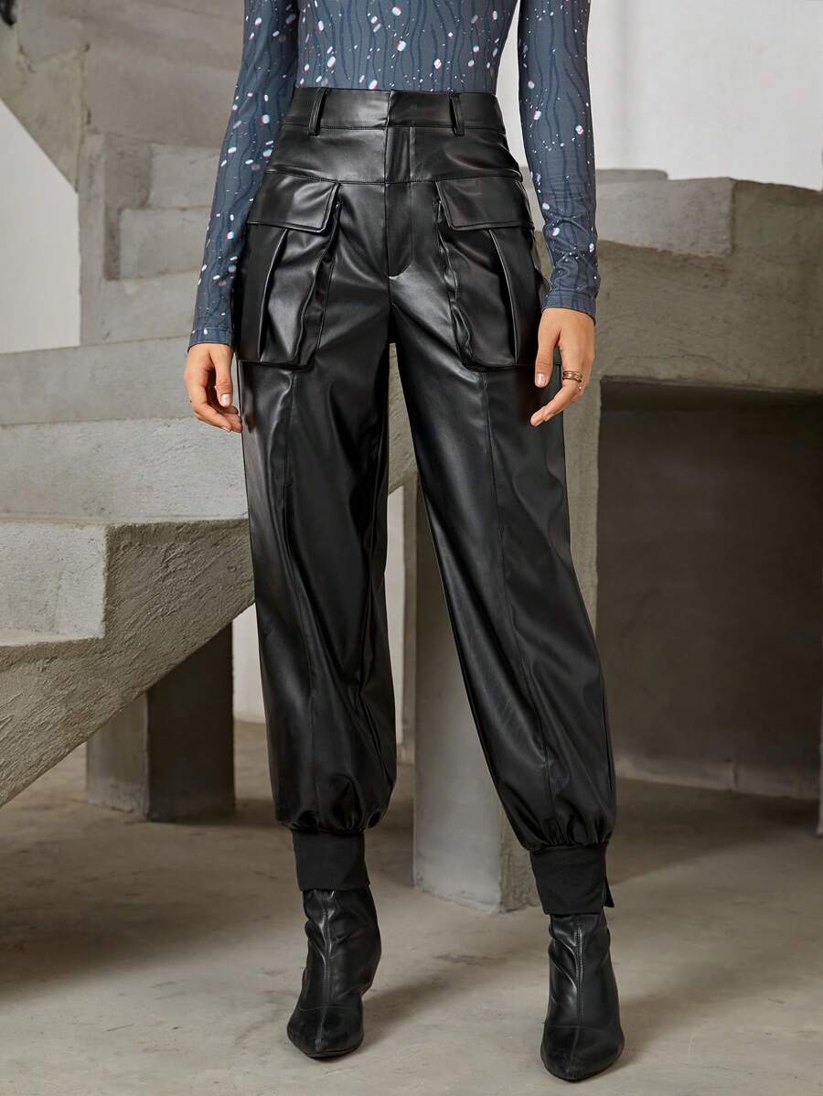 SHEINNeu Flap Pocket PU Leather Cargo Pants - Black - View 1