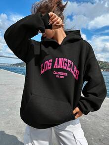 Cottnline Letter Graphic Kangaroo Pocket Drop Shoulder Hoodie - Black - View 5