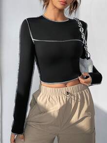 SHEIN EZwear Khâu trên cùng Áo phông Crop - màu đen - Xem 3