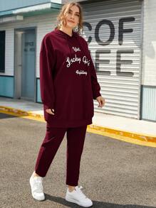 SHEIN Essnce Plus Slogan Graphic Drop Shoulder Drawstring Hoodie & Pants Set - Burgundy - View 4
