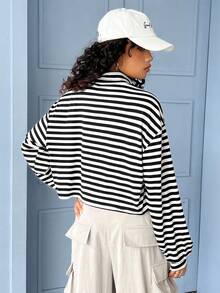 SHEIN EZwear In sọc Cổ giả Áo thun Thả vai - màu đen - Xem 3