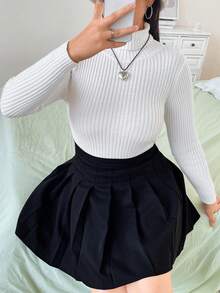 Flirla 大碼素色高領條紋針織套頭毛衣 - 白色 - 查看 6