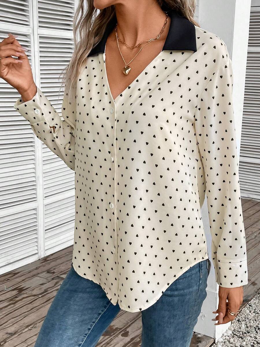 SHEIN Frenchy 愛心圖案拼接領襯衫 - 杏色 - 查看 1