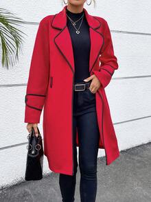 SHEIN LUNE Contrast Binding Lapel Neck Overcoat - Red - View 2
