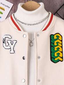 SHEIN Tween Girl Letter Graphic Striped Trim Varsity Jacket Without Sweater - Apricot - View 5