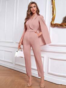 SHEIN Privé 斗篷袖青果領斜口袋連身褲 - 藕粉色 - 查看 1