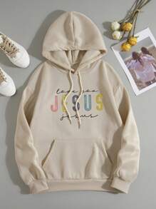 SHEIN Essnce Letter Graphic Kangaroo Pocket Drawstring Thermal Lined Hoodie - Apricot - View 1