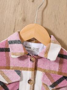 SHEIN Baby Girl Plaid Flap Pocket Button Front Overcoat - Multicolor - View 5