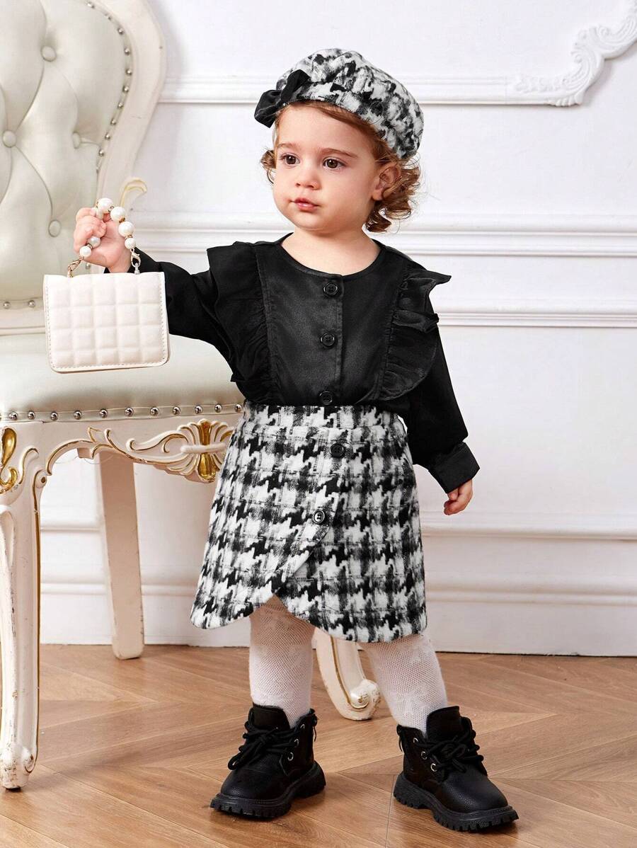 SHEIN Baby Girl Ruffle Trim Top & Houndstooth Print Skirt & Hat - Black - View 1