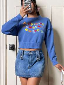 SHEIN EZwear 標語刺繡落肩袖套頭毛衣 - 藍色 - 查看 6