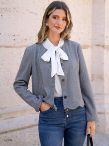 SHEIN Frenchy Solid Button Front Scallop Trim Jacket Winter Elegant - Multicolor - View 3