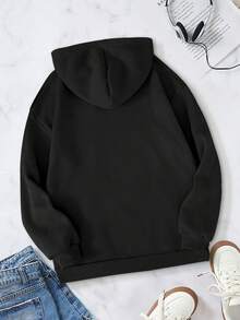 SHEIN EZwear Heart & Letter Graphic Kangaroo Pocket Drawstring Hoodie - Black - View 2