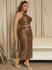 SHEIN SXY Plus Backless Halter Top & Pencil Skirt - Brown - View 5