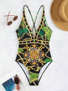 錬條圖案深V連體泳衣 - 彩色 - 查看 7