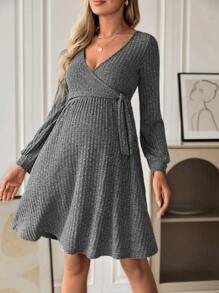 SHEIN Maternity Solid Ribbed Knit Knot Side Wrap Detail Nursing Detail Dress - Grey - View 5