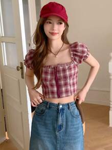 DAZY 格紋印花褶邊前拉鏈短款上衣